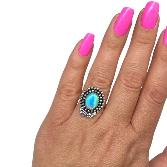 Aura Aurora Opal Ring Size 7 Solid 925 Sterling Silver - Picture 3 of 12